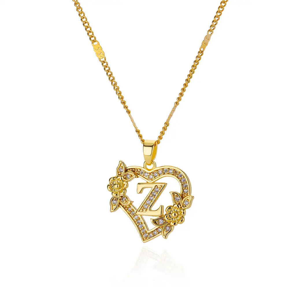 Collier Coeur Étincelant & Fleur de Zircon – Acier Inox & Or 18K