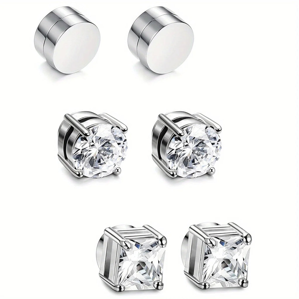 Pack 3 Paires - Boucles d'Oreilles Magnétiques Homme Zircon (6mm) | Faux Piercing Acier Inoxydable