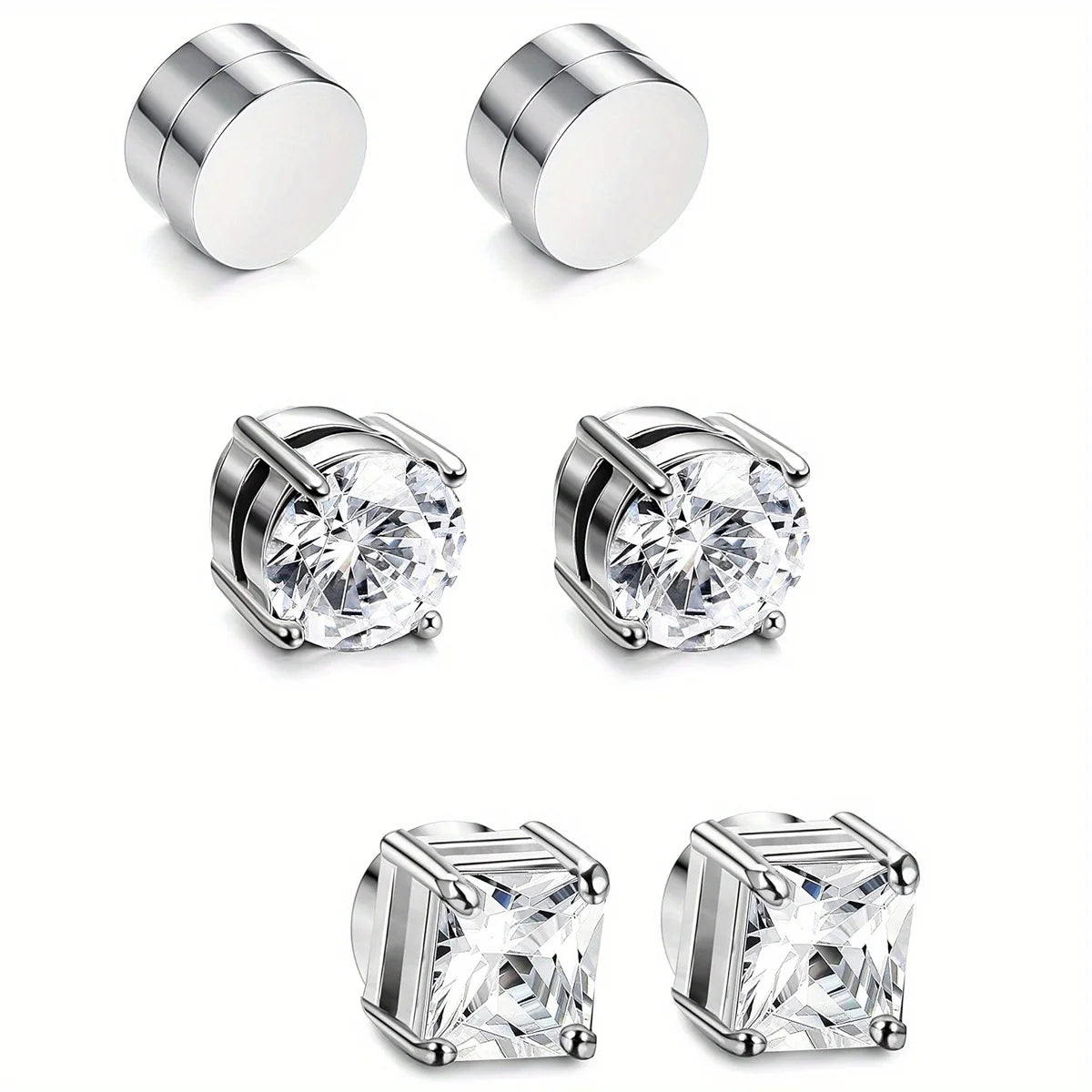 Pack 3 Paires - Boucles d'Oreilles Magnétiques Homme Zircon (6mm) | Faux Piercing Acier Inoxydable