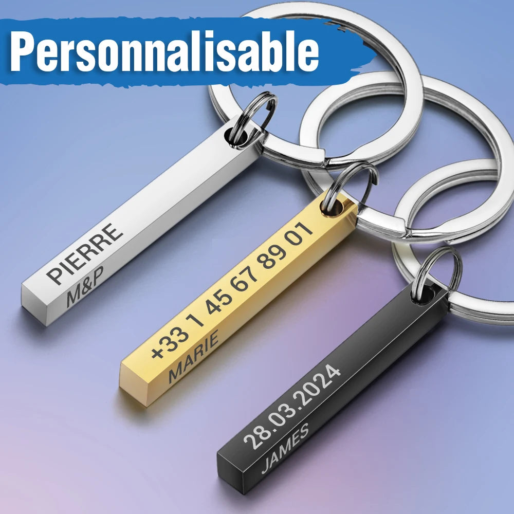 Porte-clés Barre 3D "Éternité" - Gravure Personnalisée (Acier Inox)