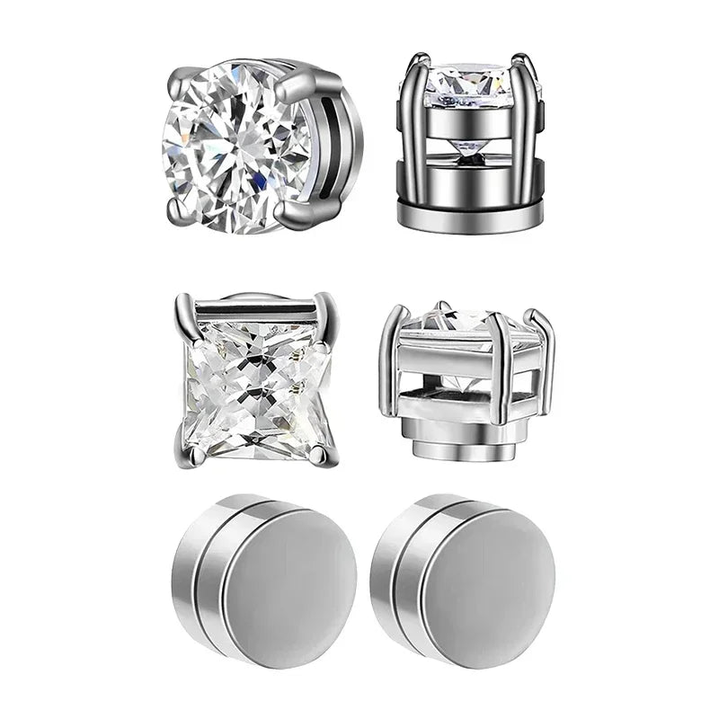 Pack 3 Paires - Boucles d'Oreilles Magnétiques Homme Zircon (6mm) | Faux Piercing Acier Inoxydable