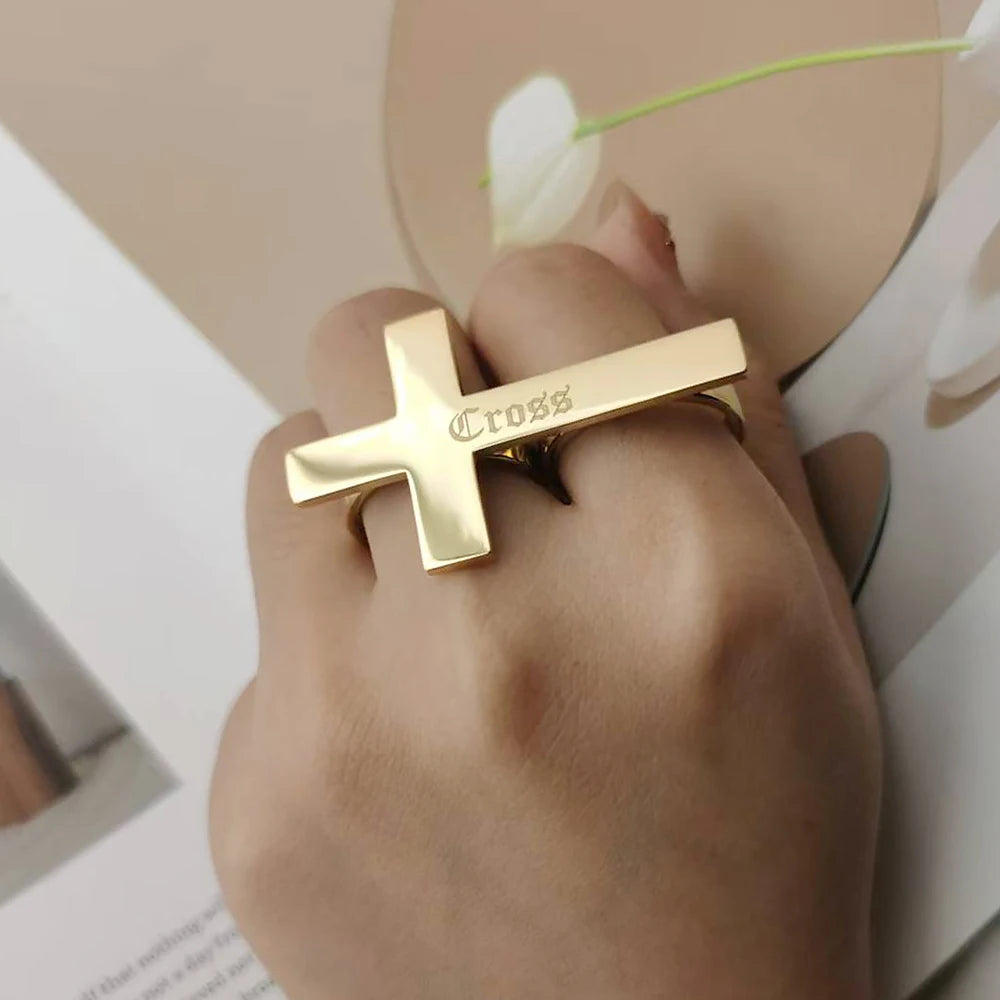 Bague Gravée Double Doigt Unisexe | Anneau Croisé Personnalisé Acier Inoxydable