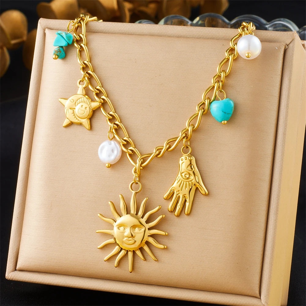 Collier Pendentif Céleste & Marin – Acier Inox & Or 18K