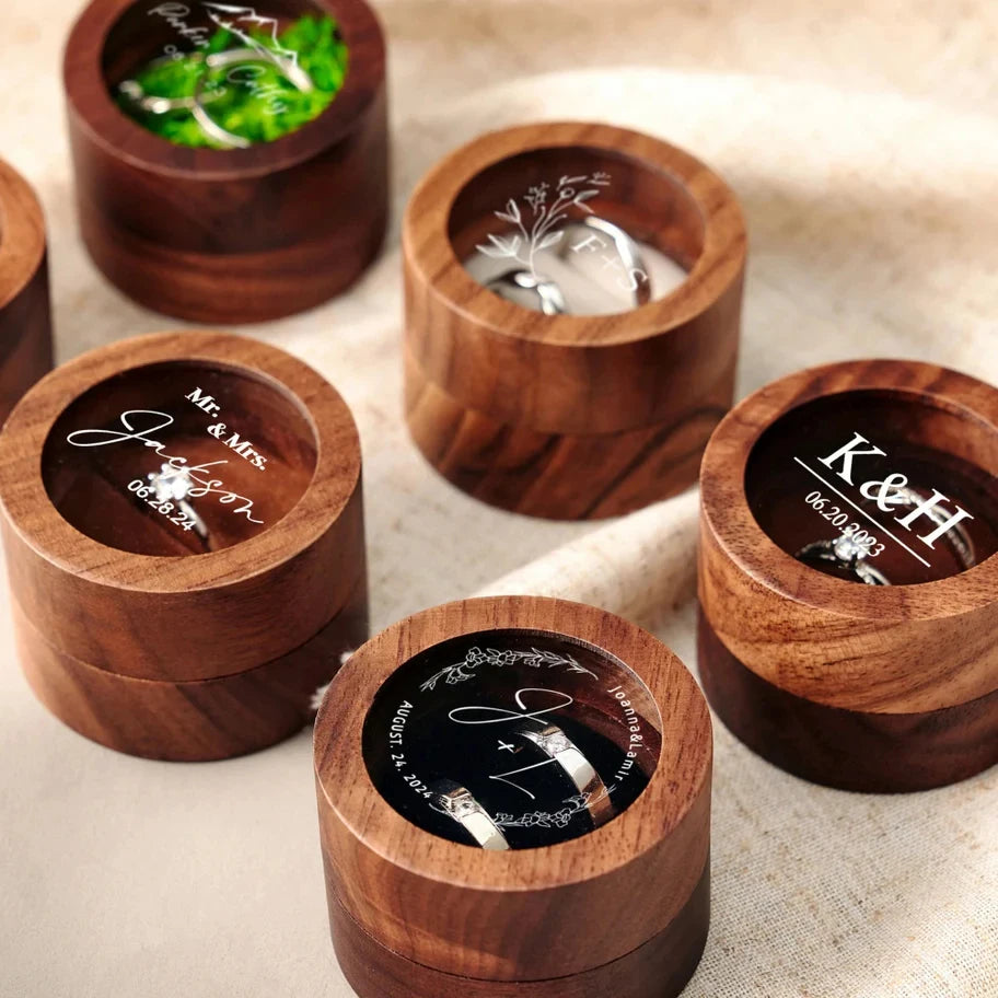 Boîte à Bagues en Bois Personnalisée - Gravure Noms & Date