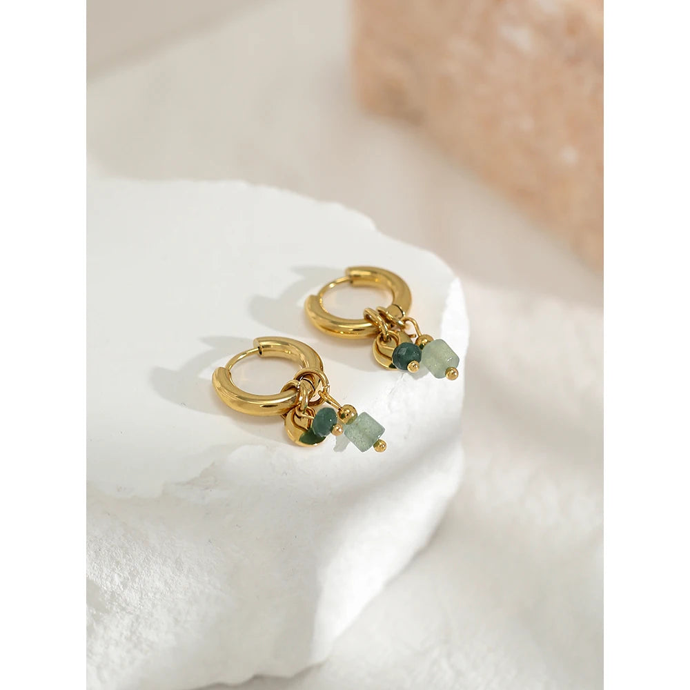 Boucles d'Oreilles Charmy – Créoles 18K & Pierre Naturelle Verte