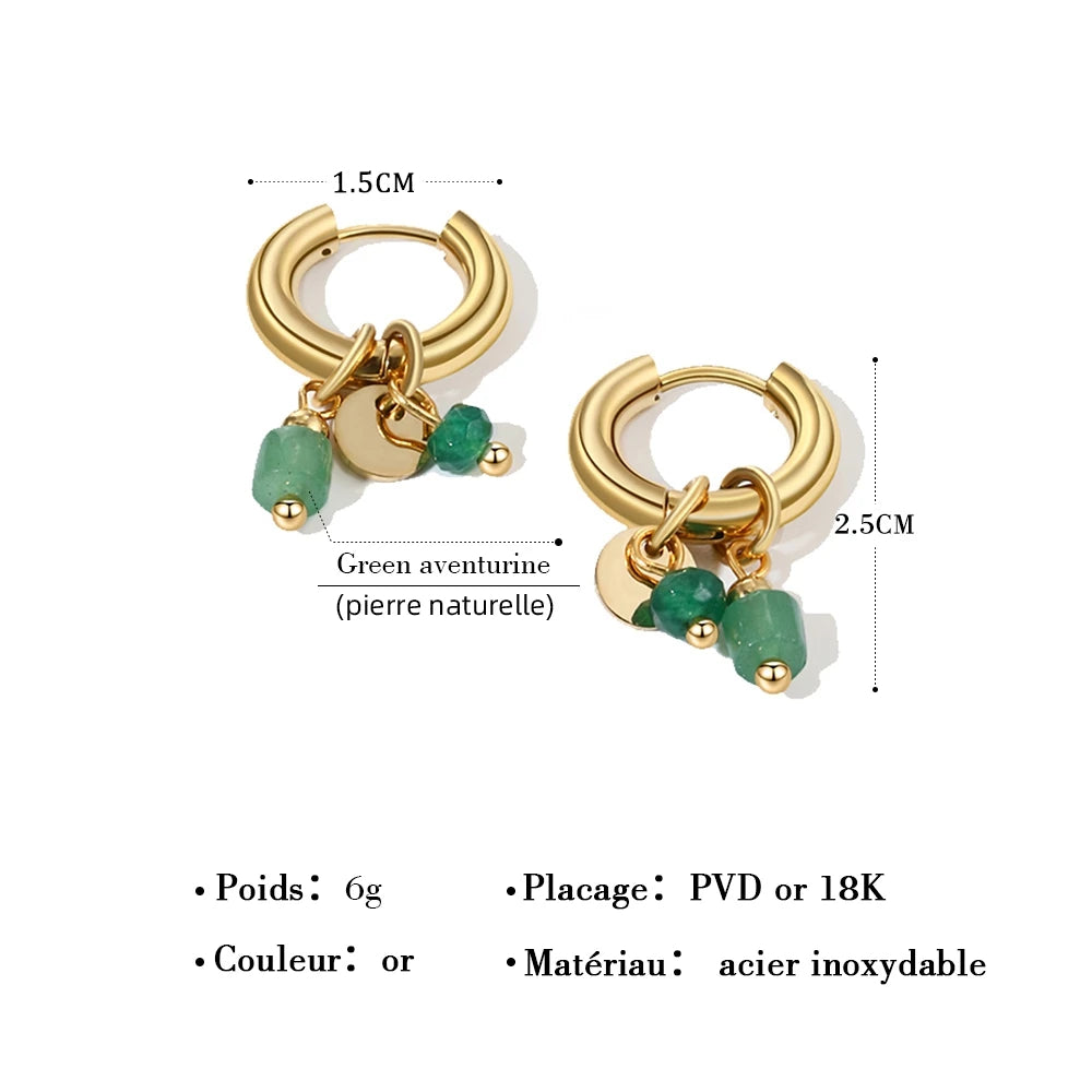 Boucles d'Oreilles Charmy – Créoles 18K & Pierre Naturelle Verte