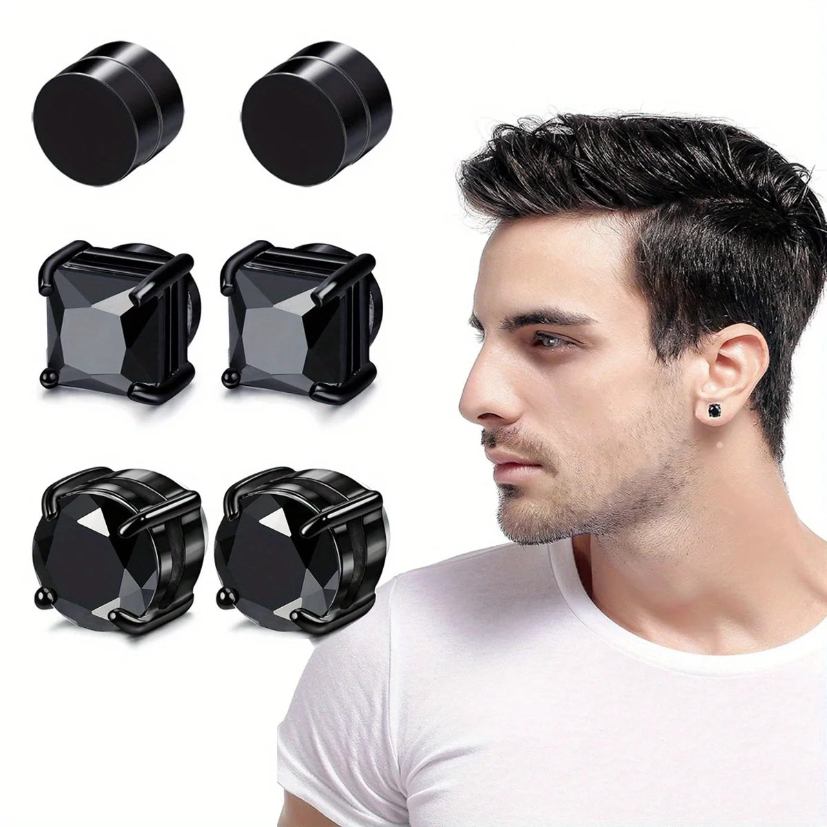 Pack 3 Paires - Boucles d'Oreilles Magnétiques Homme Zircon (6mm) | Faux Piercing Acier Inoxydable