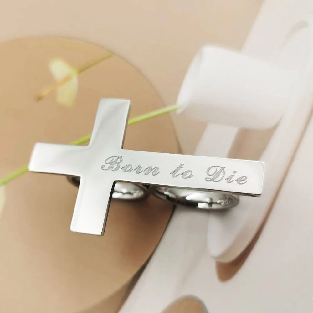 Bague Gravée Double Doigt Unisexe | Anneau Croisé Personnalisé Acier Inoxydable