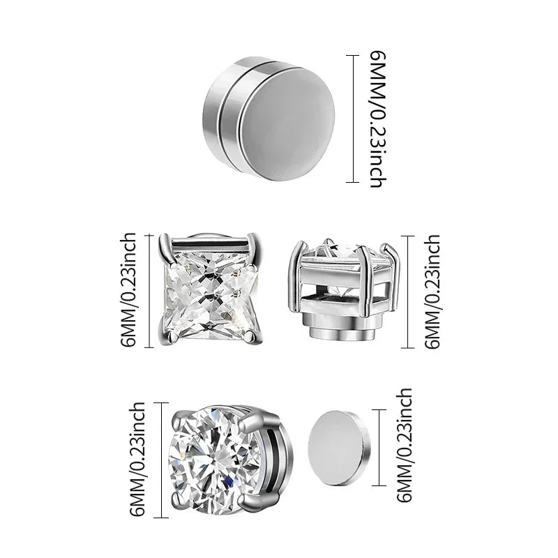 Pack 3 Paires - Boucles d'Oreilles Magnétiques Homme Zircon (6mm) | Faux Piercing Acier Inoxydable